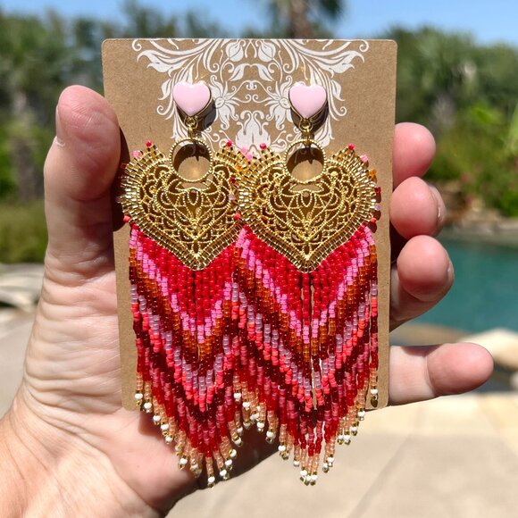 Handmade Beaded Long Fringe Dangle Drop Lightweight Sweetheart Post Earrings - Picture 3 of 10